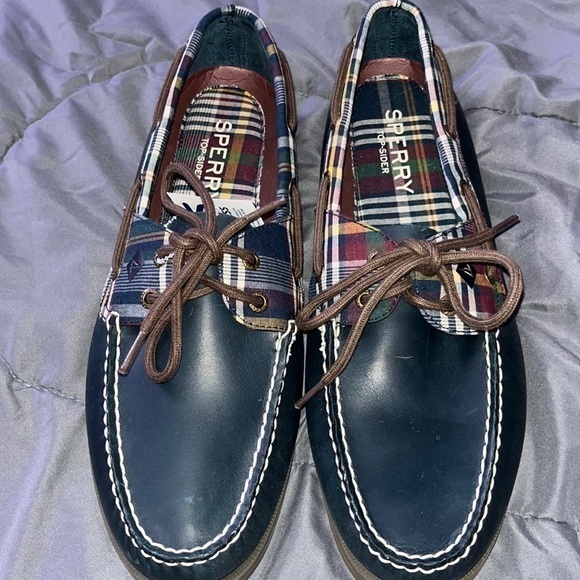 Men's Navy Plaid Sperry Top-Sider Leeward Boat Shoe - Picture 1 of 14